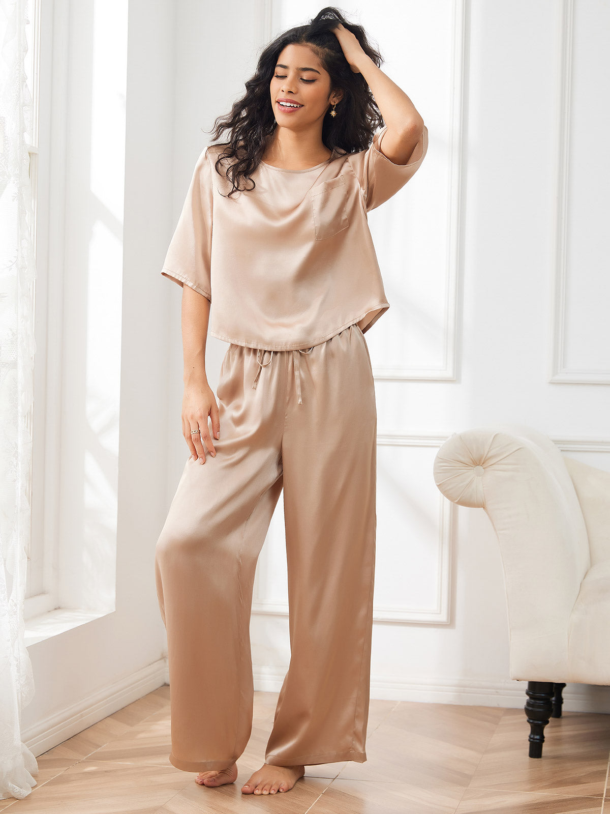 [Champagner] SilkSilky-DE Reine Seide Womens Pajamas 001