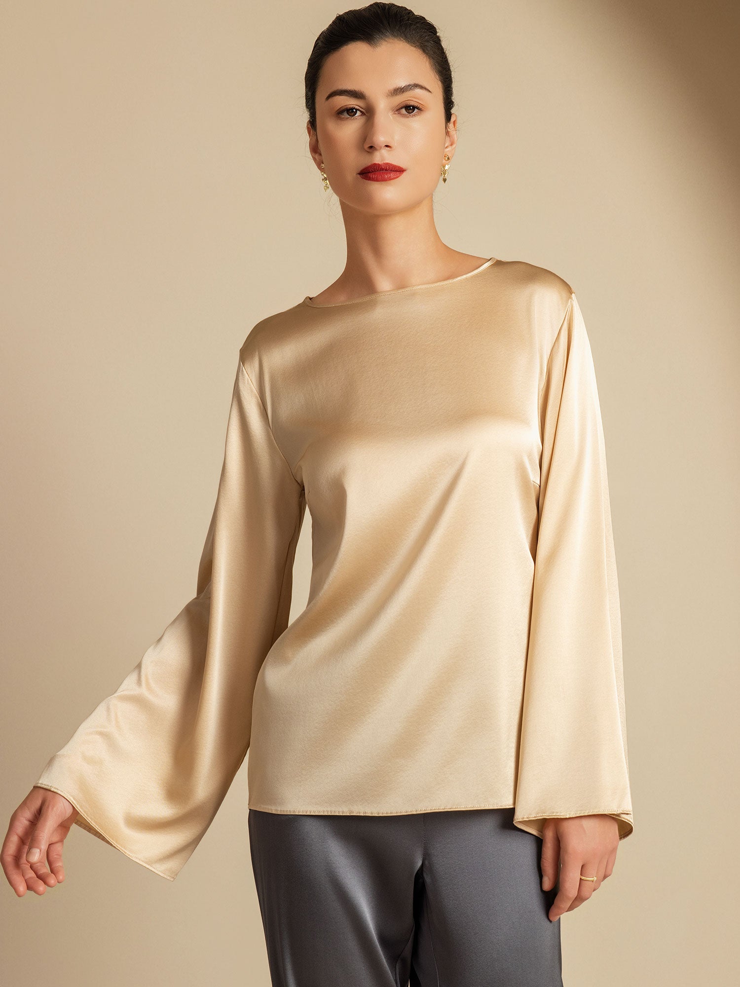 [Champagner] SilkSilky-DE 19Momme Seide Womens T-Shirt 001