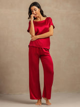[Rotwein] SilkSilky-DE 19Momme Kurzärmelig Damen Pyjamas 006
