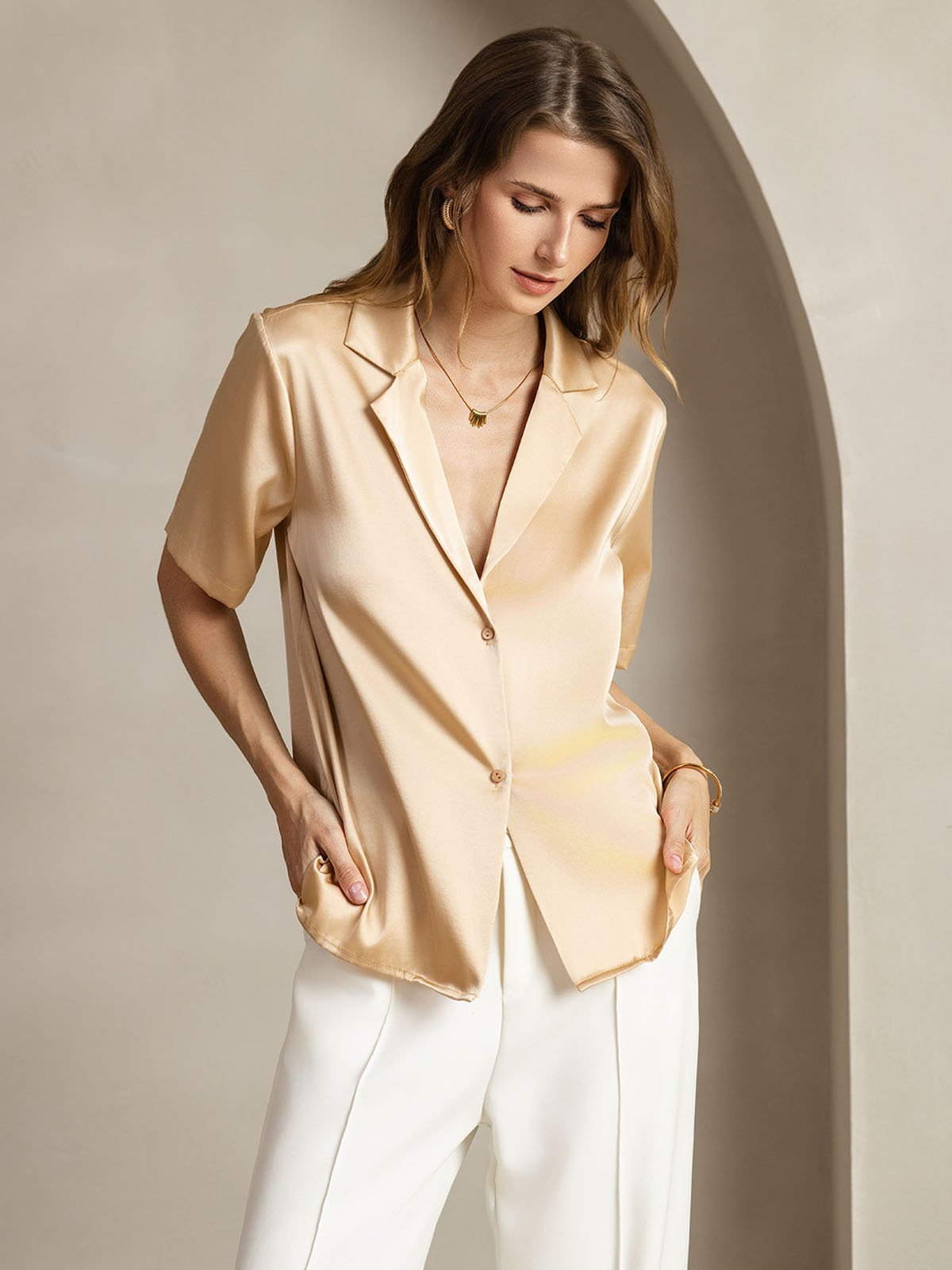 [Champagner] SilkSilky-DE 19Momme Seide Eingekerbter Kragen Damenhemd 001