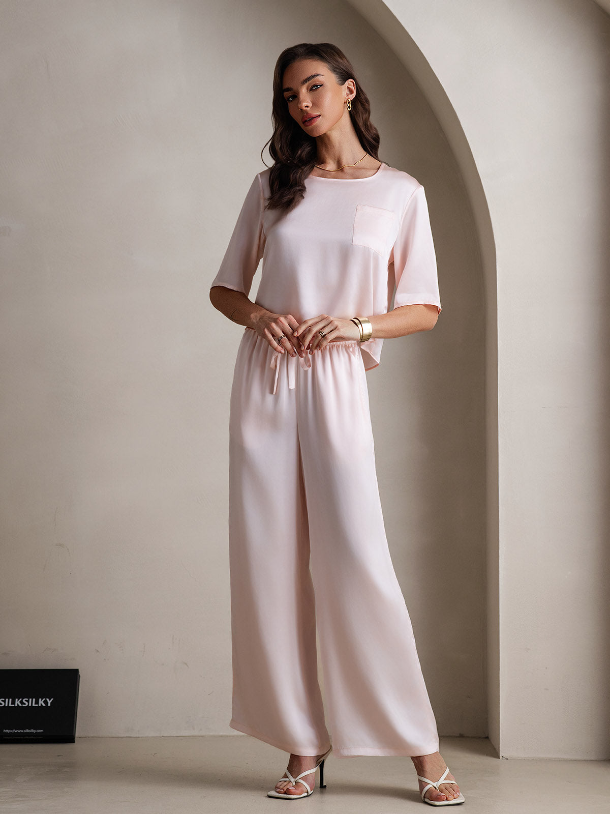 [Rosa] SilkSilky-DE Reine Seide Rundkragen Damen Pyjamas 005