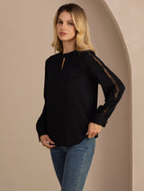 [Schwarz] SilkSilky-DE Long Sleeve Keyhole Neck Damenblusen 004