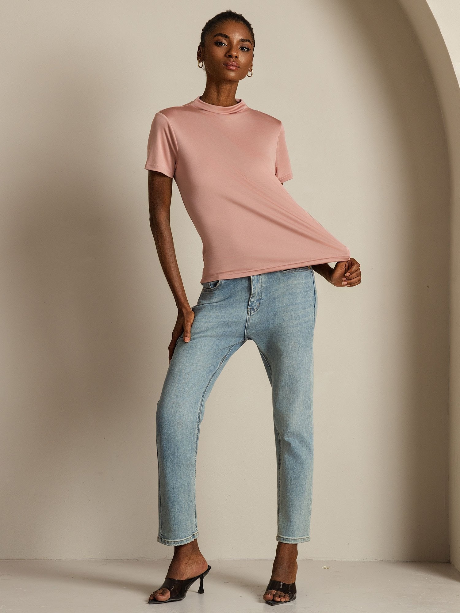[Rosa] SilkSilky-DE Reine Seide Umlegekragen T-Shirt 004