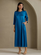 [König Blau] SilkSilky-DE 3/4 Sleeve Round Neck Kleider 001