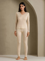 [Beige] SilkSilky-DE Long Sleeve V Neck Damen Lange Unterwäsche 001