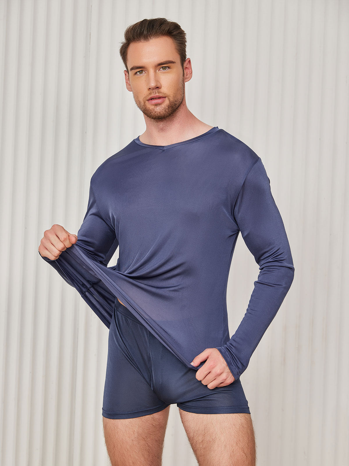 [Dunkelblau] SilkSilky-DE Seidenstrick Langärmelig V Ausschnitt Herren T-Shirt 003