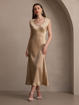 [Champagner] SilkSilky-DE Cap Sleeve Tiefer Rundhalsausschnitt Kleider 007