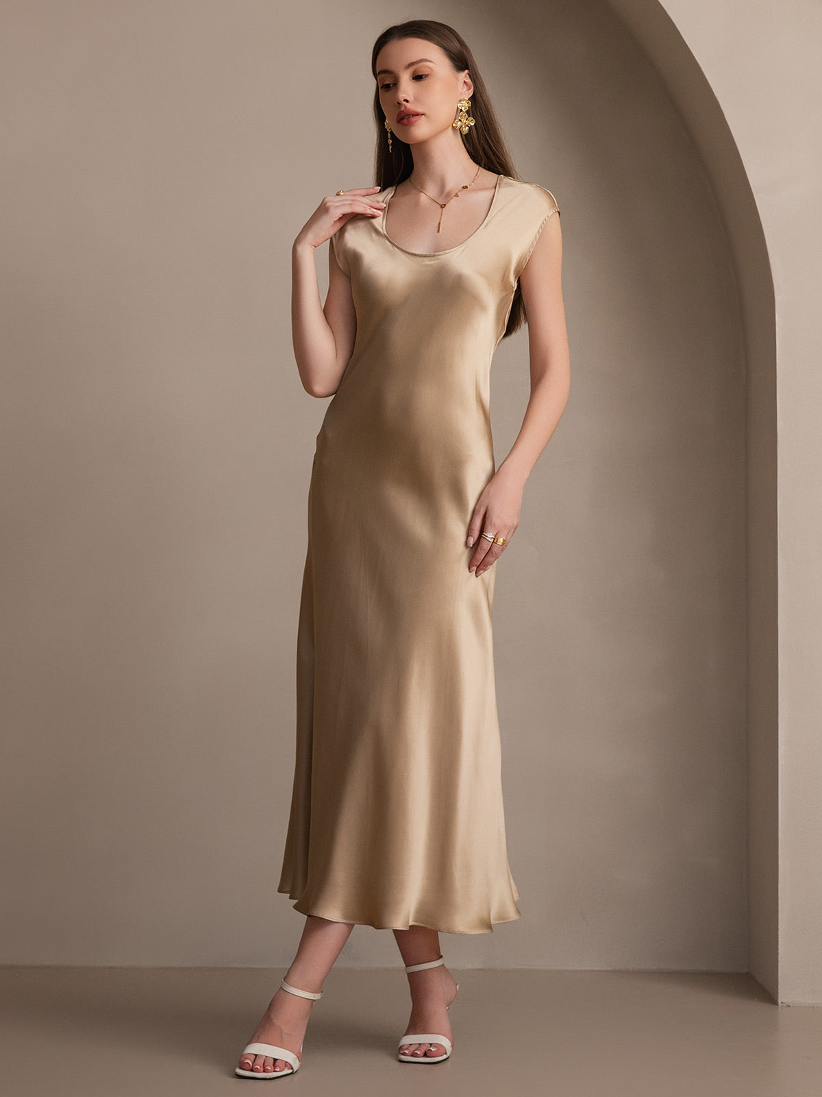 [Champagner] SilkSilky-DE 19Momme Seide Dress 006