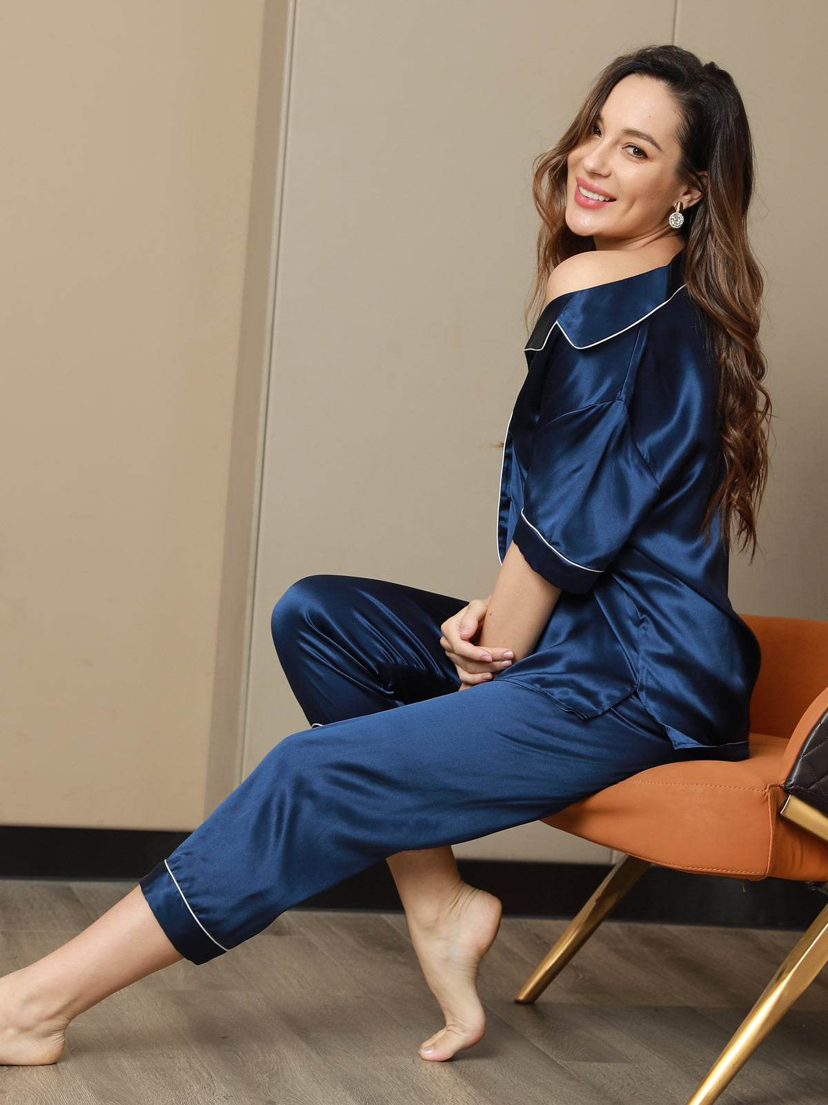 [Dunkelblau] SilkSilky-DE Reine Seide Kurzärmelig Revers Damen Pyjamas 006