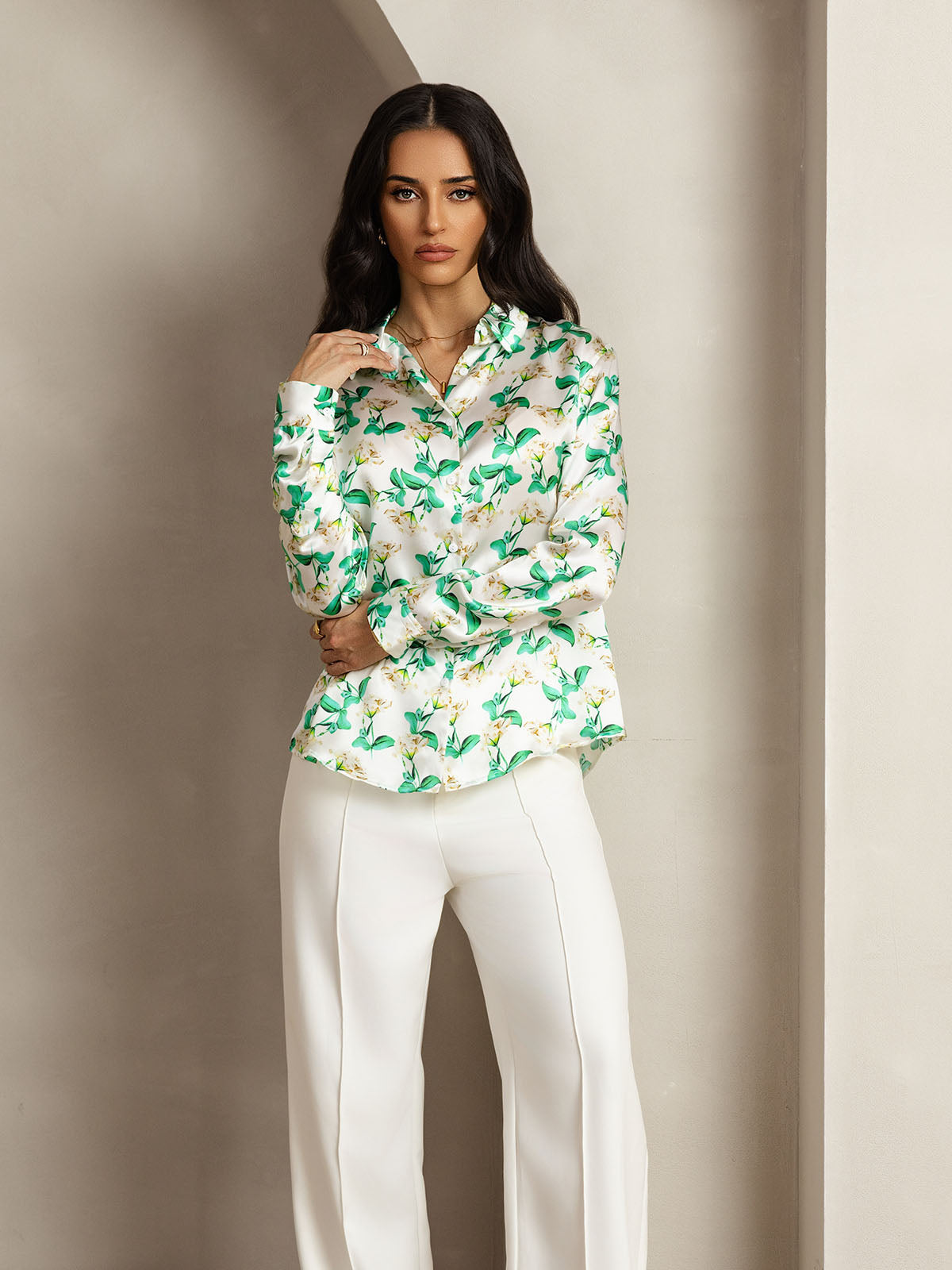 [Grün Blumen] SilkSilky-DE Seide Umlegekragen Damenhemd 006