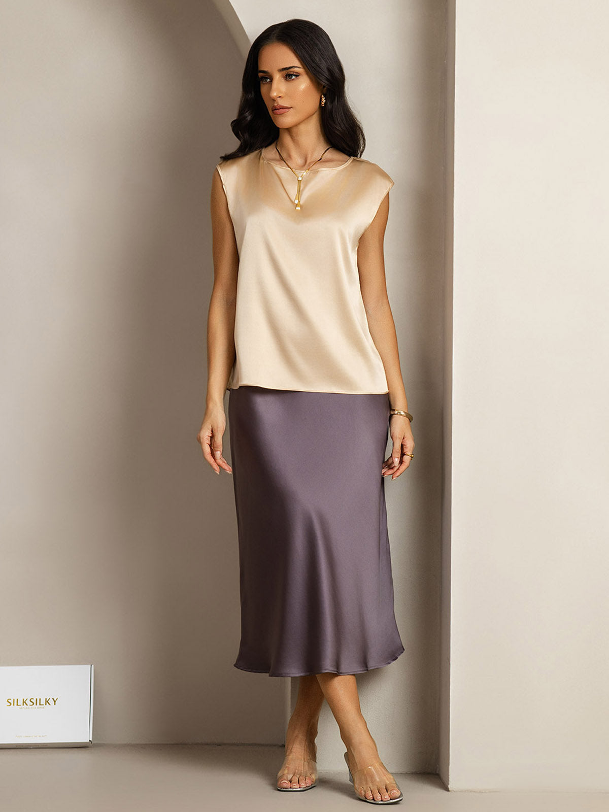 [Champagner] SilkSilky-DE 19Momme Seide Womens T-Shirt 003