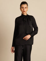 [Schwarz] SilkSilky-DE 19Momme Langärmelig Schluppenkragen Bluse 004