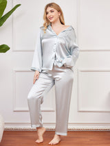 [Hellblau] SilkSilky-DE Langärmelig Damen Pyjamas Große Größen 005