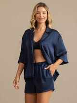 [Dunkelblau] SilkSilky-DE 19Momme Halblange Ärmel Notch-Kragen Damen Pyjamas 003