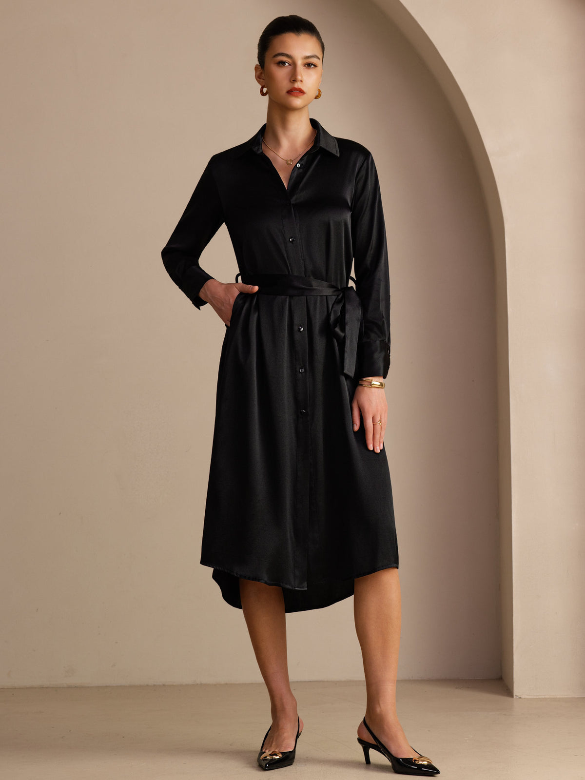 [Schwarz] SilkSilky-DE Long Sleeve Lapel Collar Kleider 001