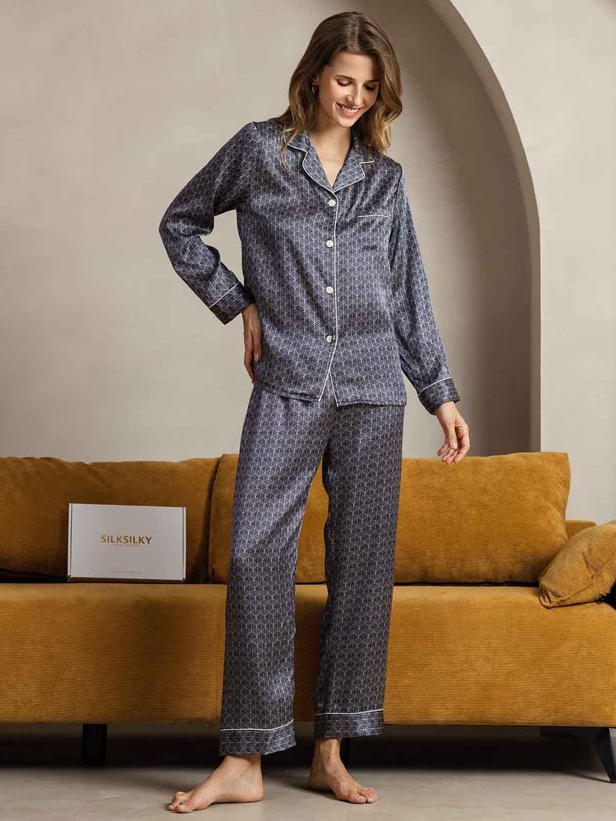 [Marine Ginkgo] SilkSilky-DE Reine Seide Womens Pajamas 004