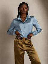 [Graublau] SilkSilky-DE Long Sleeve Lapel Collar Damenhemd 003