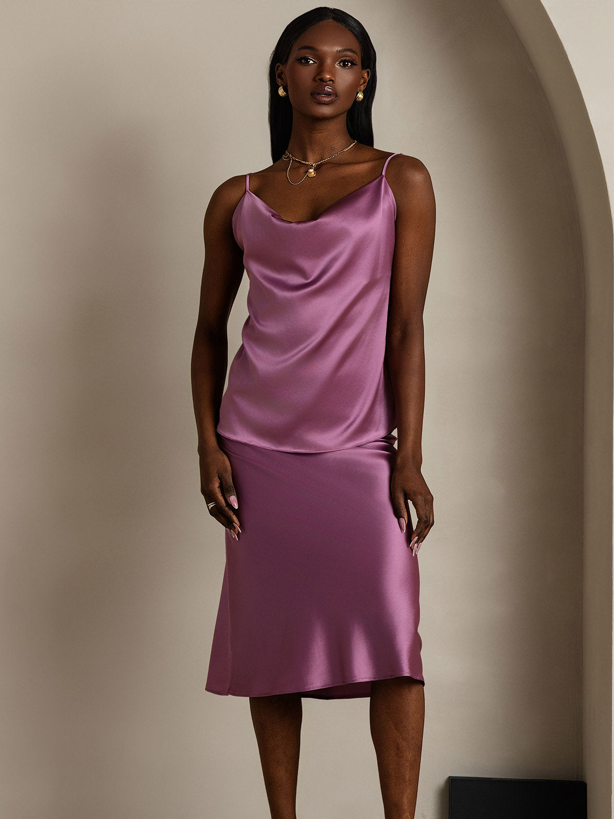 [Dunkelviolett] SilkSilky-DE 19Momme Seide Wasserfallausschnitt Cami Top 005