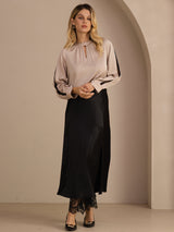 [Tan] SilkSilky-DE Long Sleeve Keyhole Neck Damenblusen 007