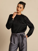 [Schwarz] SilkSilky-DE 19Momme Langärmelig Rundhalsausschnitt Bluse 001