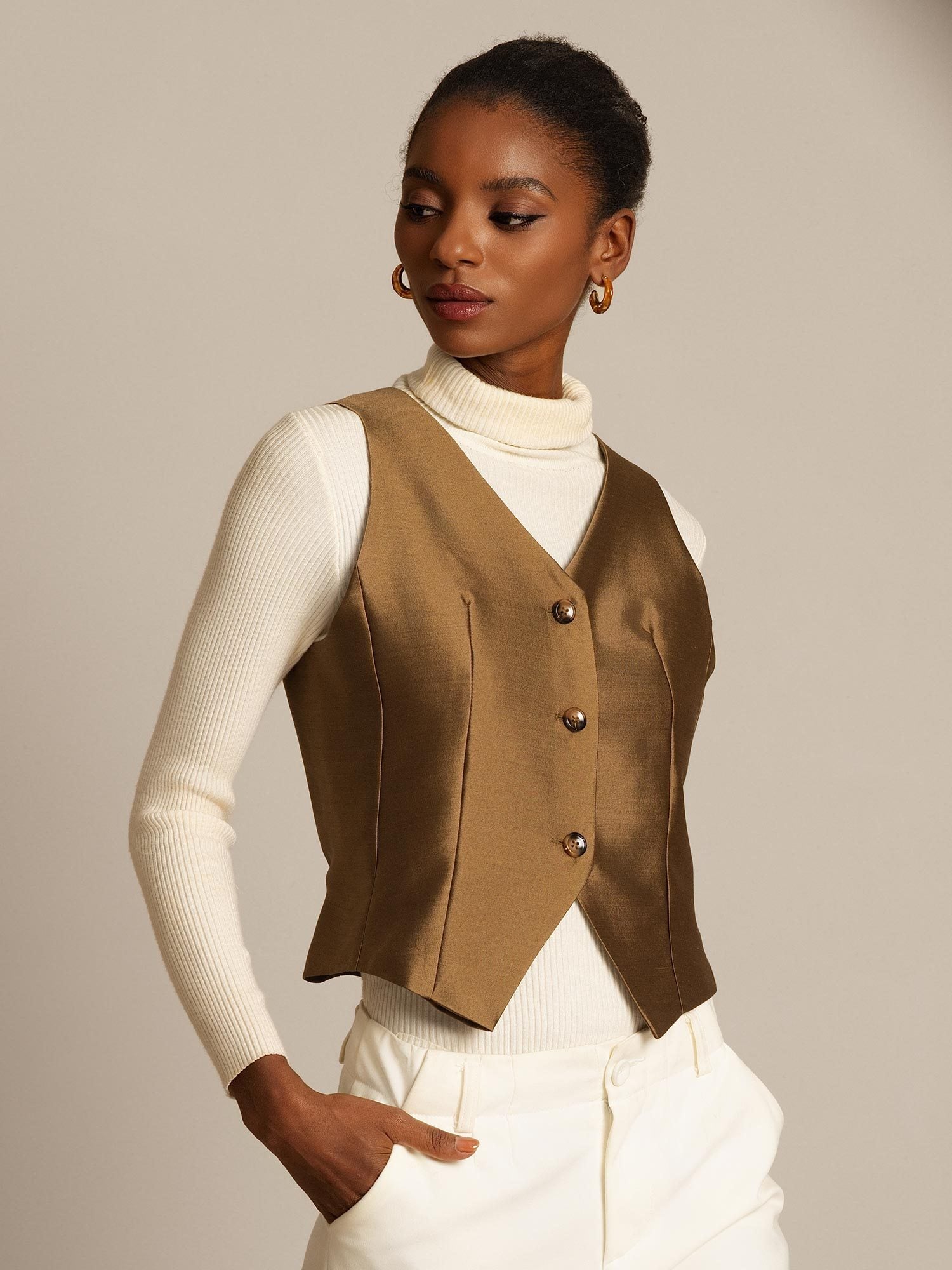 [Schwarz] SilkSilky-DE 32Momme Silk-Wool Blend V Ausschnitt Damenweste 003,