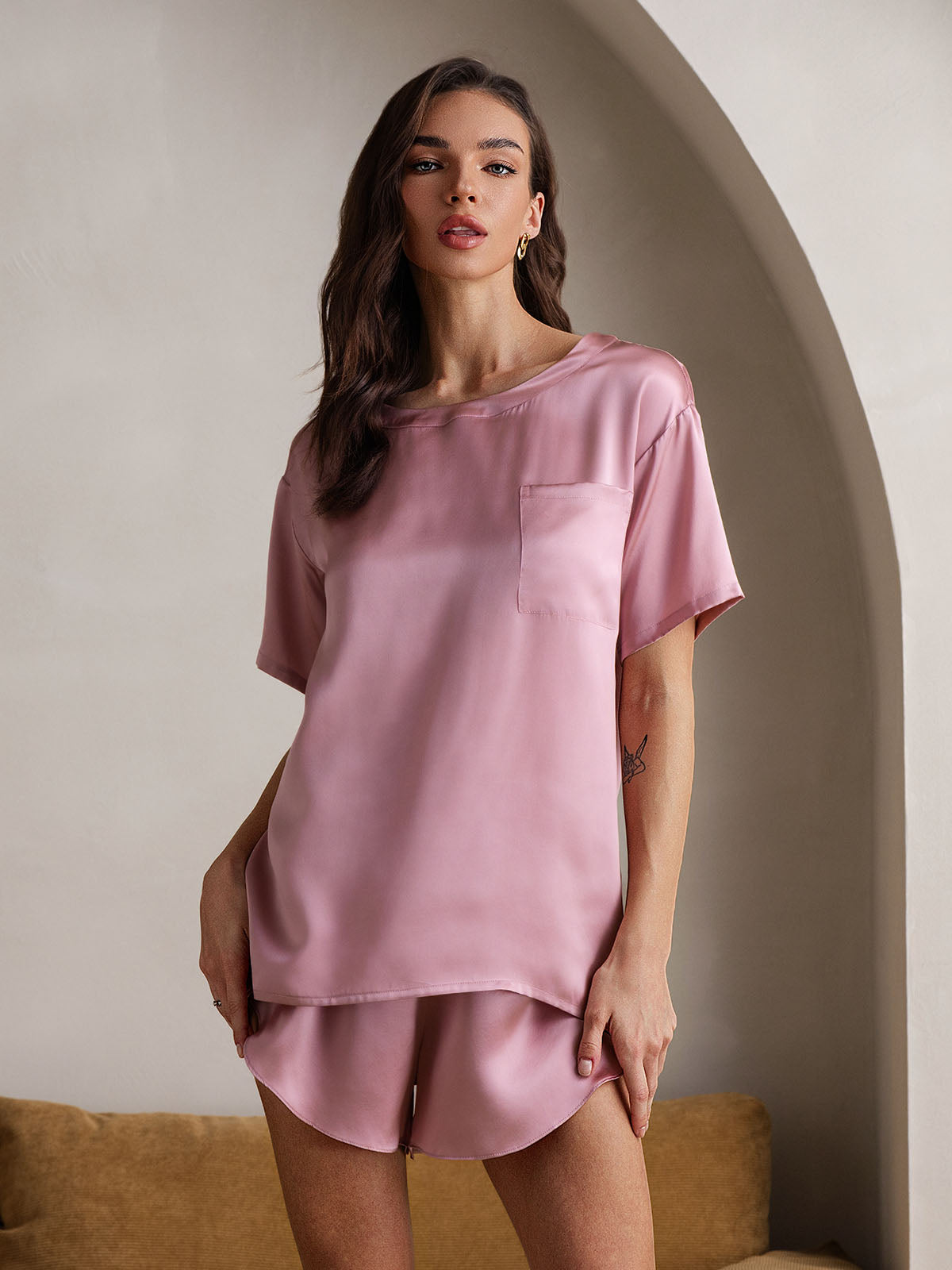[Blasses Mauve] SilkSilky-DE Reine Seide Womens Pajamas 004
