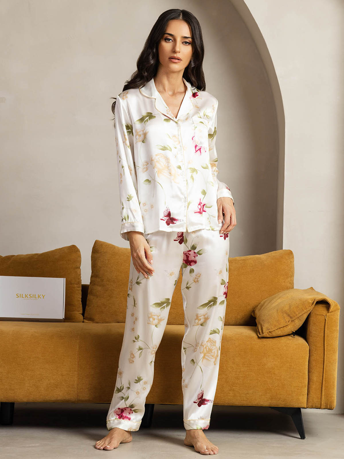 [Elfenbeinblumen] SilkSilky-DE Reine Seide Womens Pajamas 001