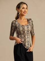 [Snakeskin] SilkSilky-DE Halblange Ärmel Tiefer Rundhalsausschnitt T-Shirt 004