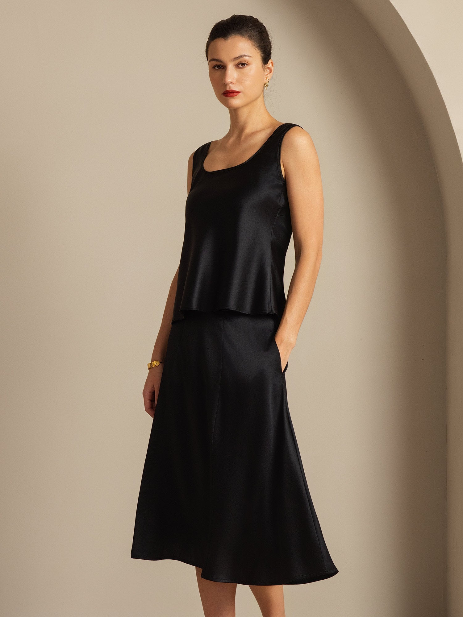 [Schwarz] SilkSilky-DE 19Momme Seide U Ausschnitt Cami Top 004,