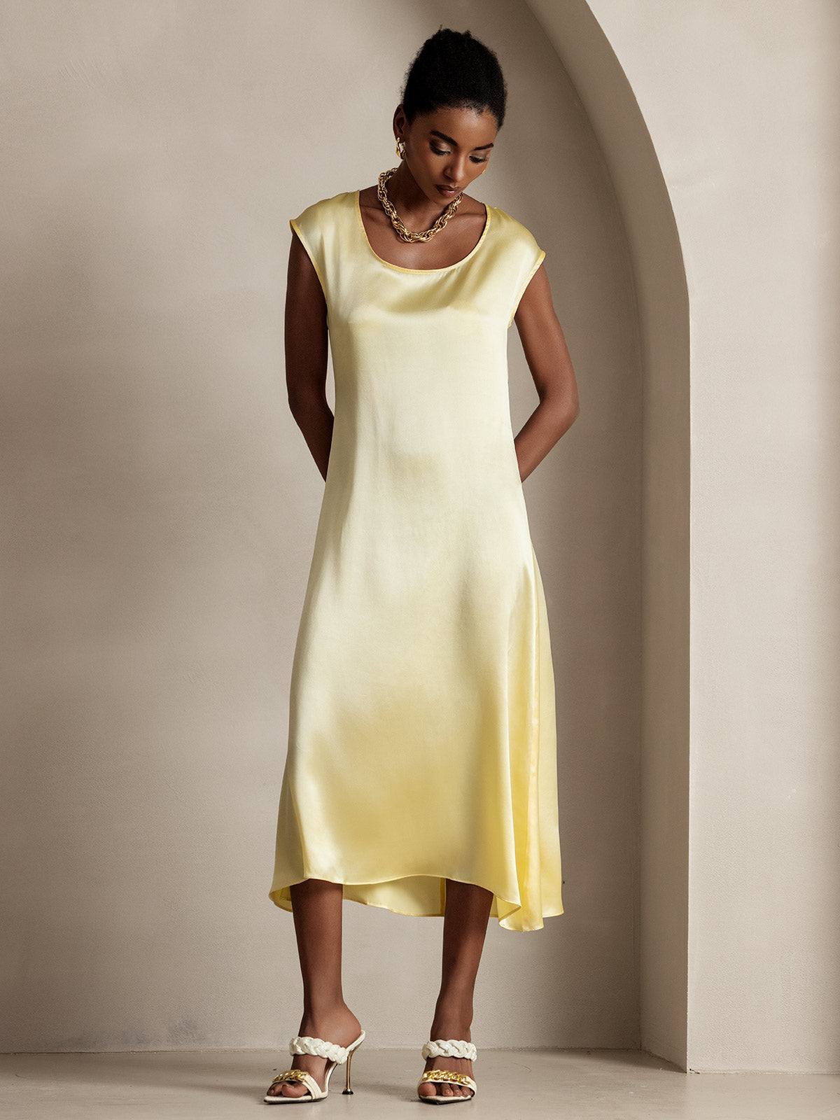 [Hellgelb] SilkSilky-DE 19Momme Seide Dress 006