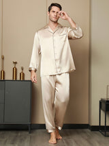 [Tan] SilkSilky-DE Reine Seide Langärmelig Revers Herren Pyjamas 005