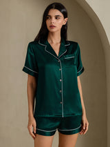 [Dunkelgrün] SilkSilky-DE Short Sleeve Notch-Kragen Damen Pyjamas 001