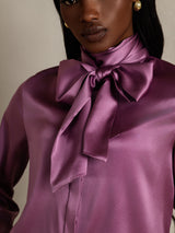 [Dunkelviolett] SilkSilky-DE Long Sleeve High Neck Bluse 008