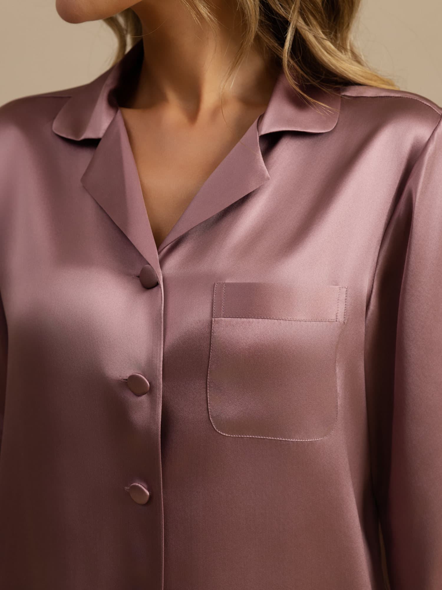 [Blasses Mauve] SilkSilky-DE Langärmelig Notch-Kragen Damen Pyjamas 005