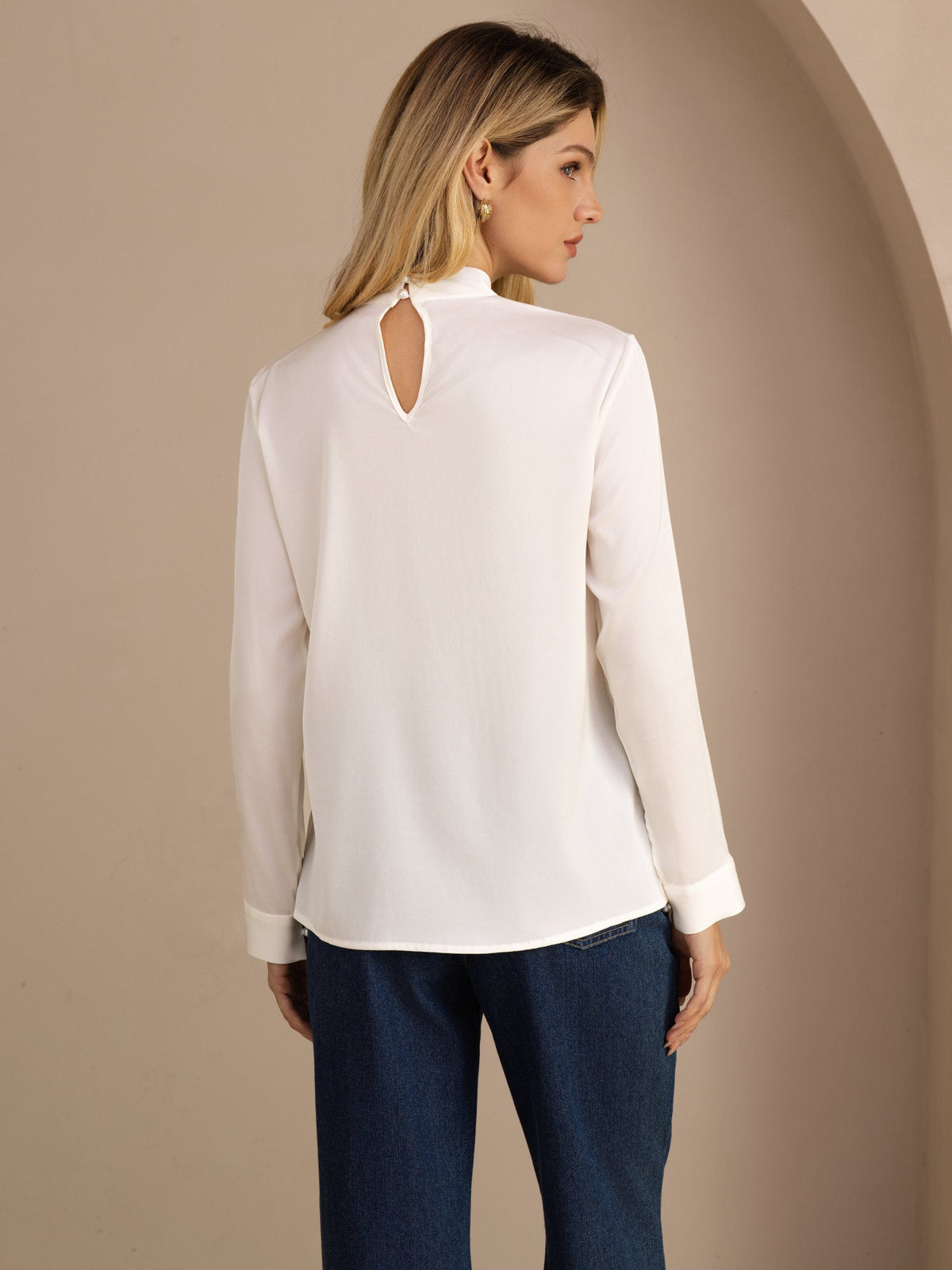 [Weiß] SilkSilky-DE Long Sleeve Stand Collar Damenblusen 002