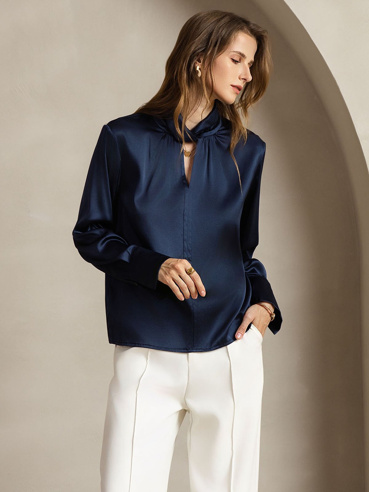 [Dunkelblau] SilkSilky-DE 19Momme Seide Womens Shirt 006