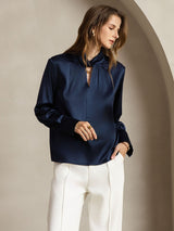 [Dunkelblau] SilkSilky-DE Long Sleeve Keyhole Neck Damenblusen 006