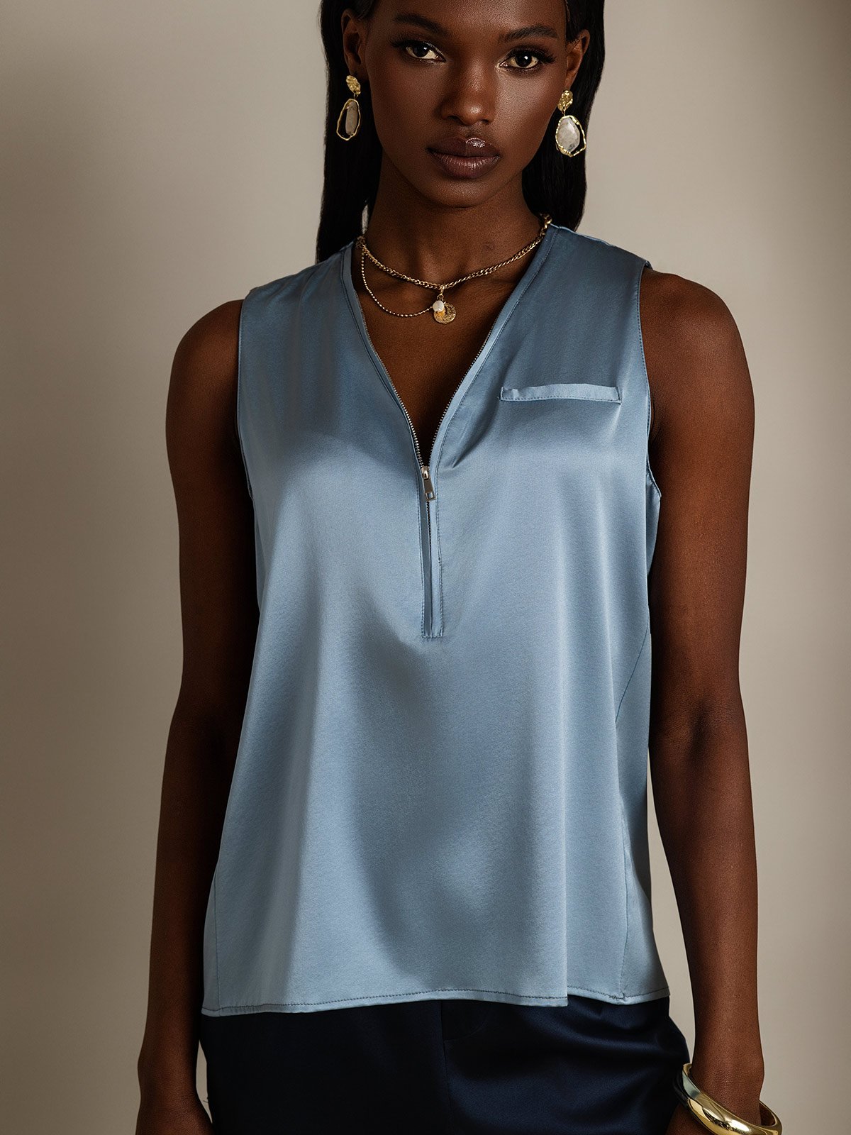 SilkSilky-DE 19Momme Seide Ärmellos V Ausschnitt Damenhemd Graublau 001