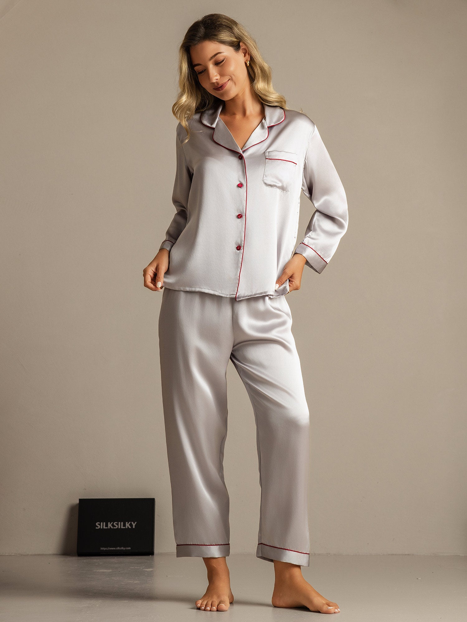 [Silber] SilkSilky-DE Reine Seide Womens Pajamas 006