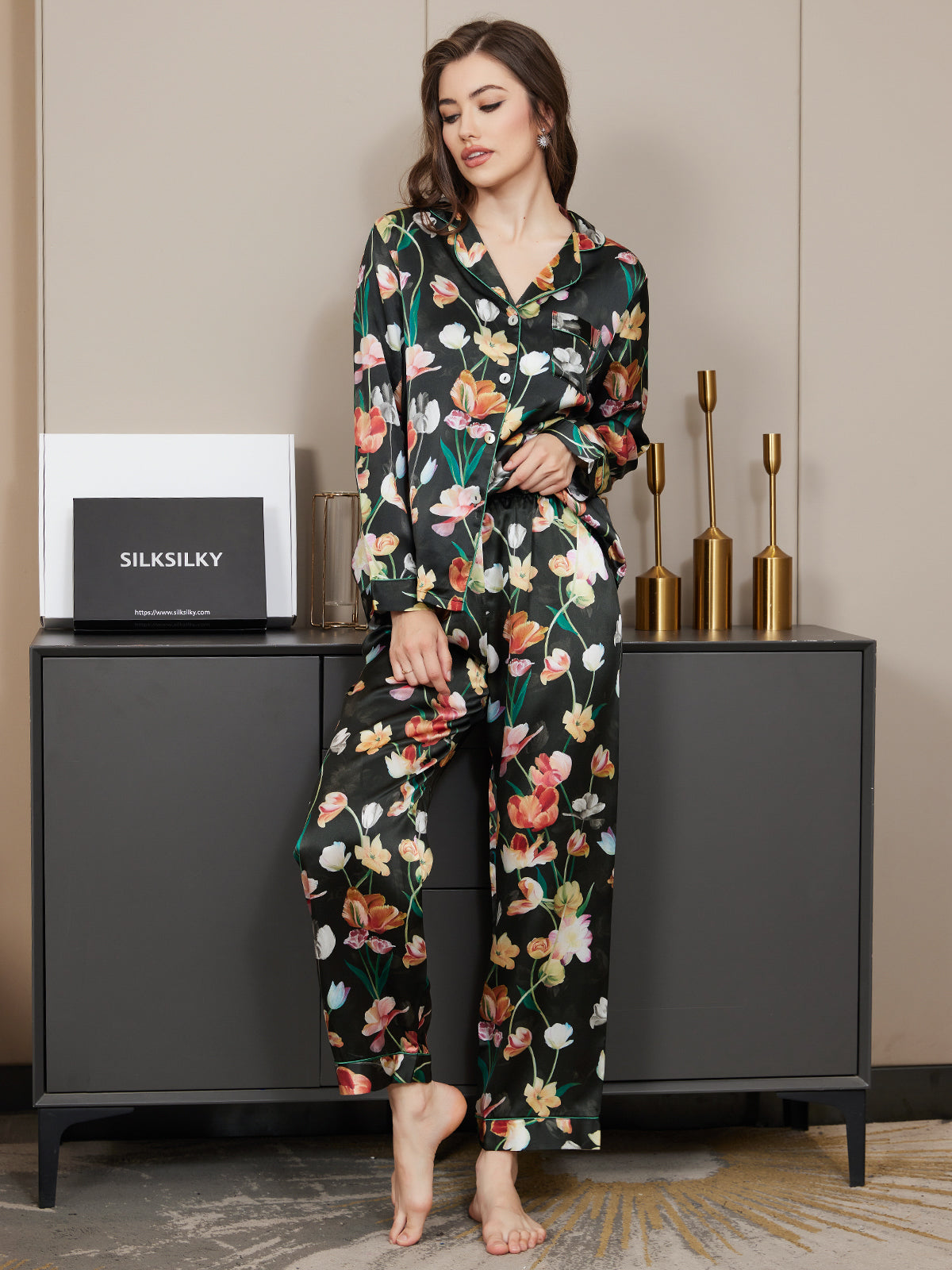 [Schwarz] SilkSilky-DE Reine Seide Langärmelig Revers Damen Pyjamas 005