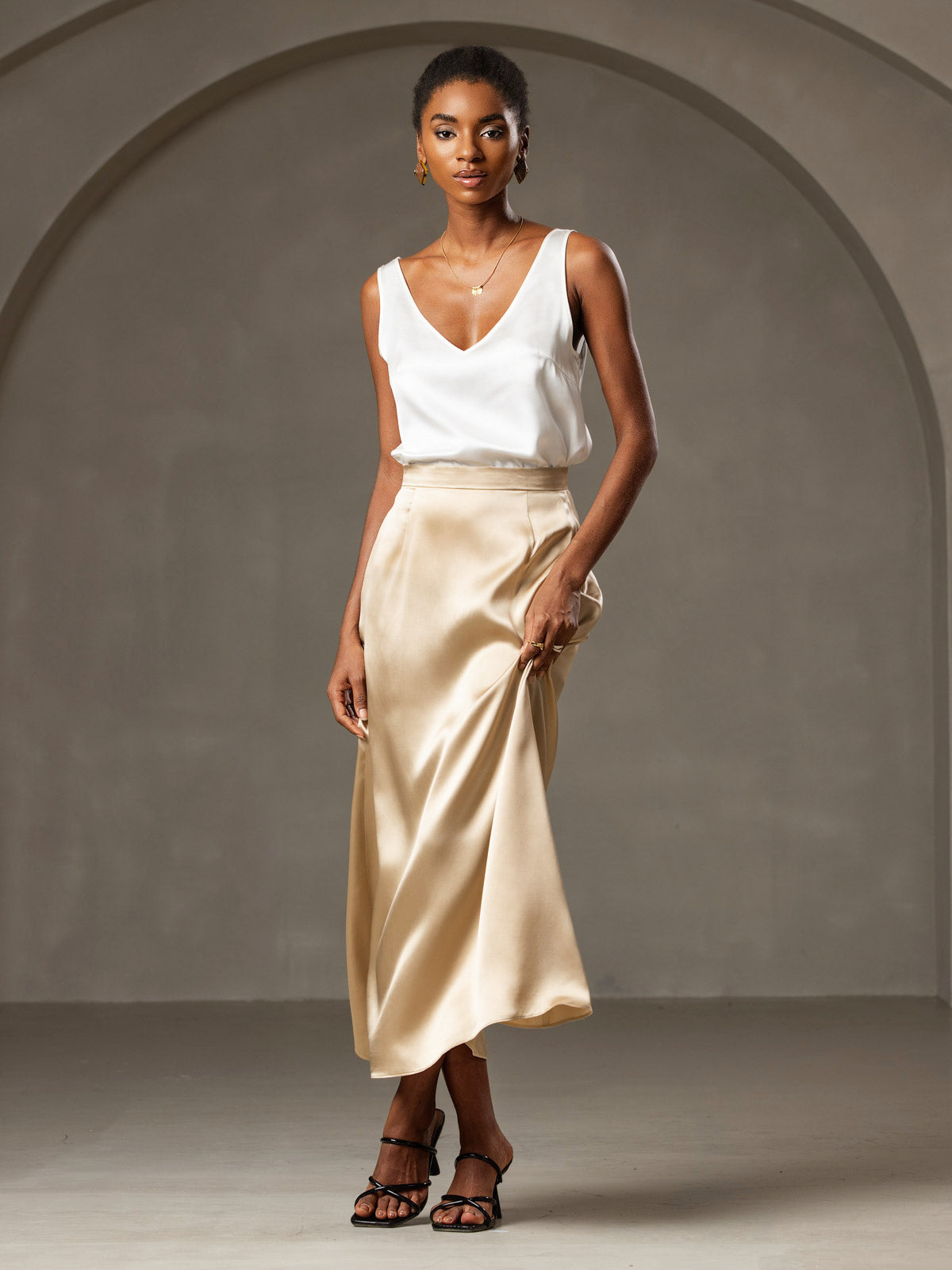 [Weiß] SilkSilky-DE 19Momme Seide V Ausschnitt Cami Top 007