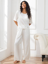 [Weiß] SilkSilky-DE Half Sleeve Round Neck Damen Pyjamas 005