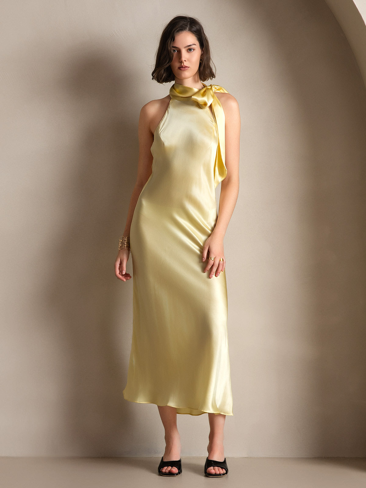 [Hellgelb] SilkSilky-DE 19Momme Seide Dress 005