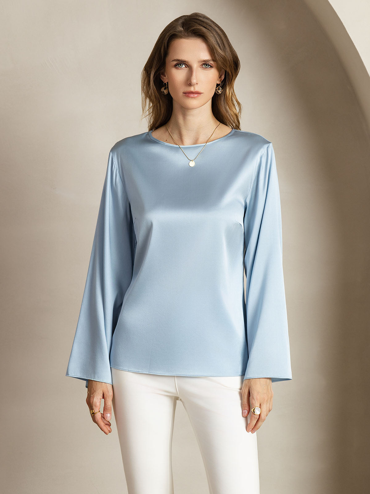 [Graublau] SilkSilky-DE 19Momme Seide Womens T-Shirt 001