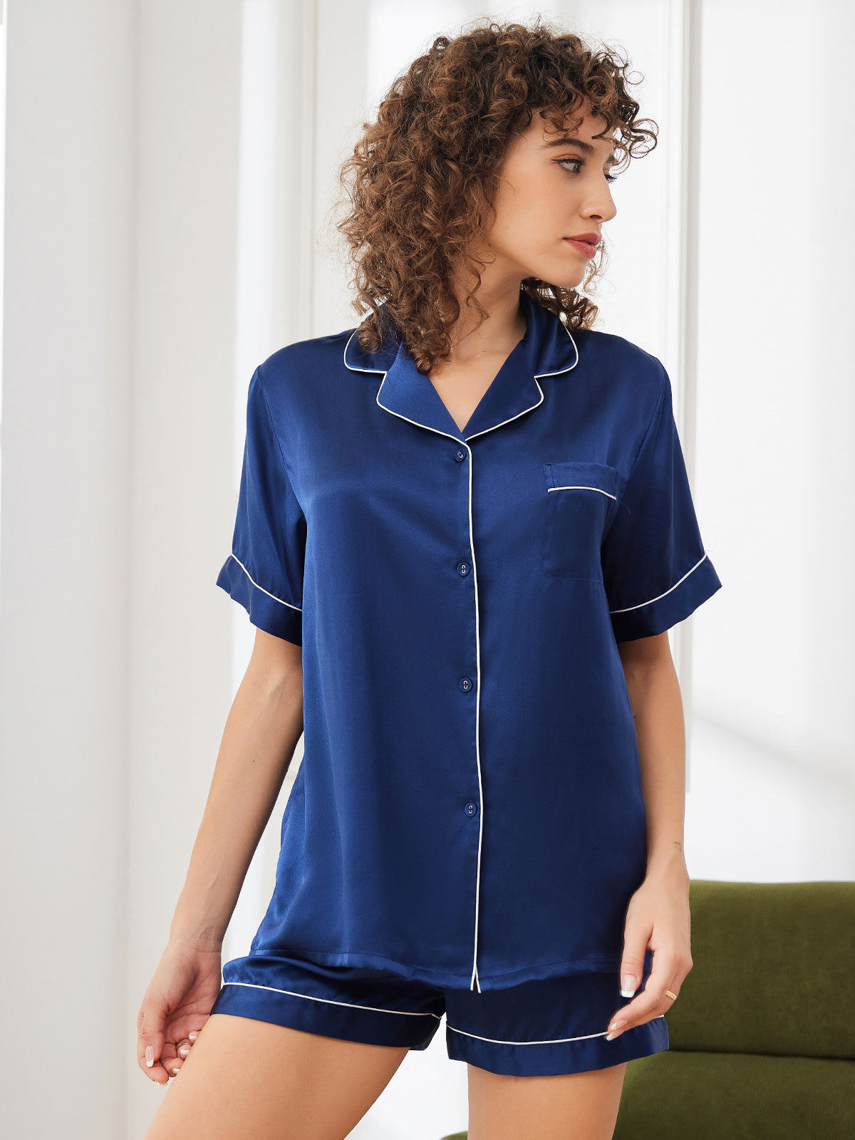 SilkSilky-DE Reine Seide Kurzärmelig Revers Damen Pyjamas Dunkelblau 004