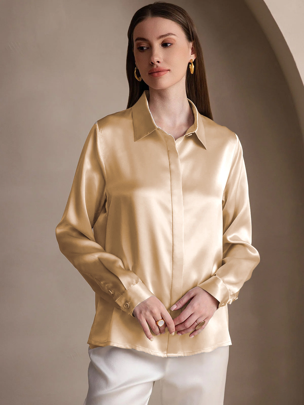 [Champagner] SilkSilky-DE 19Momme Seide Lapel Collar Damenhemd 001