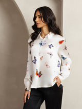 [Weiß Schmetterling] SilkSilky-DE Long Sleeve Lapel Collar Damenhemd 005