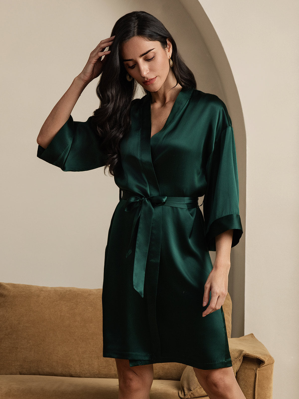 [Dunkelgrün] SilkSilky-DE Reine Seide Womens Robe 006