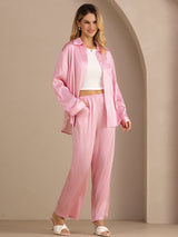 [Rosa Nadelstreifen] SilkSilky-DE Long Sleeve Lapel Collar Women's Outfit Sets 003