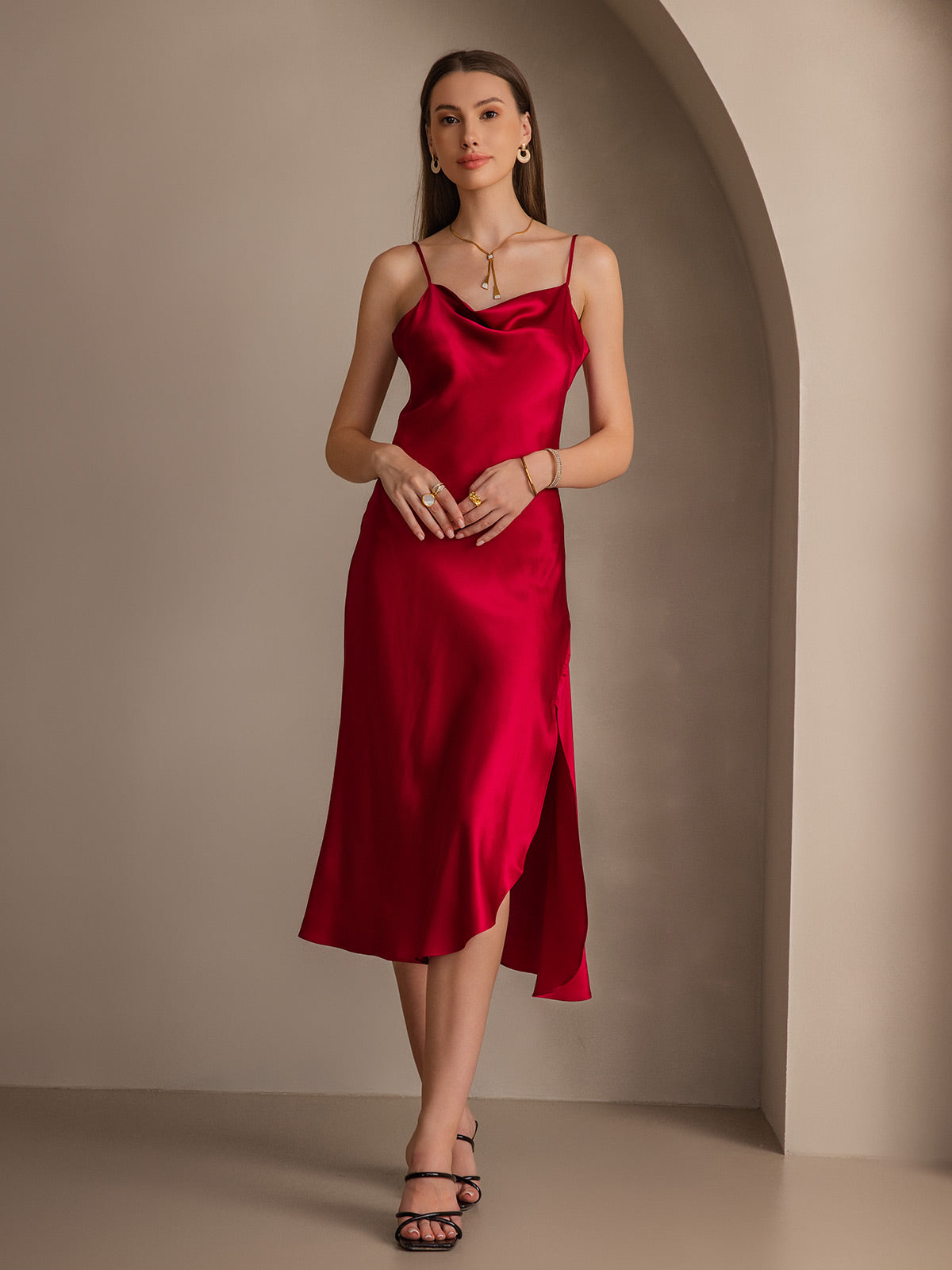 [Rotwein] SilkSilky-DE 19Momme Reine Seide Dress 005